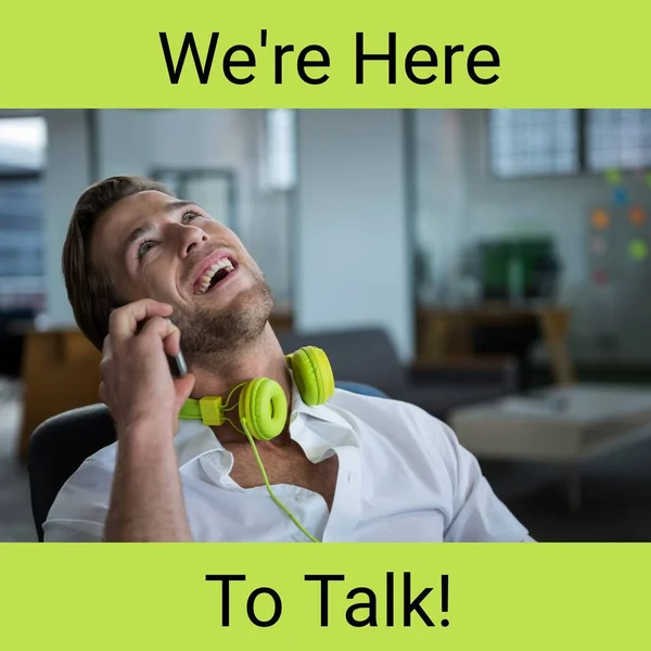 Composite Here Talk Text Cheerful Caucasian Businessman Talking Cellphone Office — Stockfoto