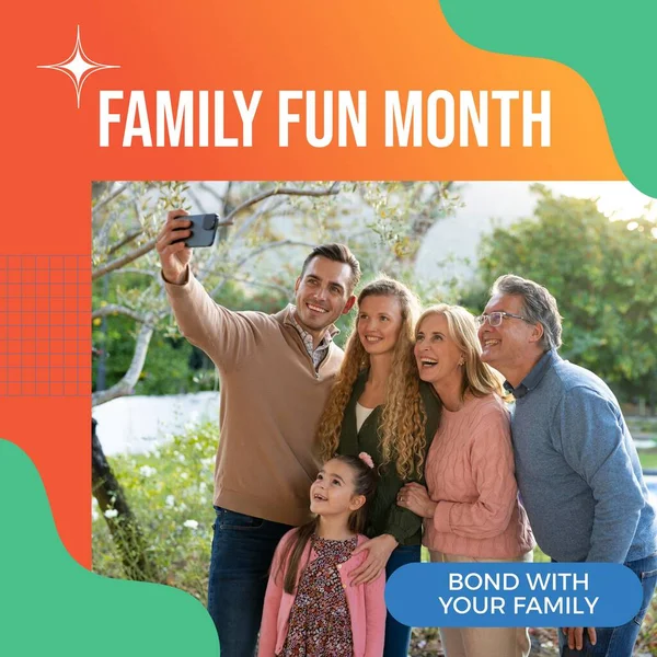 Family Fun Month Text Happy Parents Daughter Grandparents Taking Selfie — Stock Photo, Image