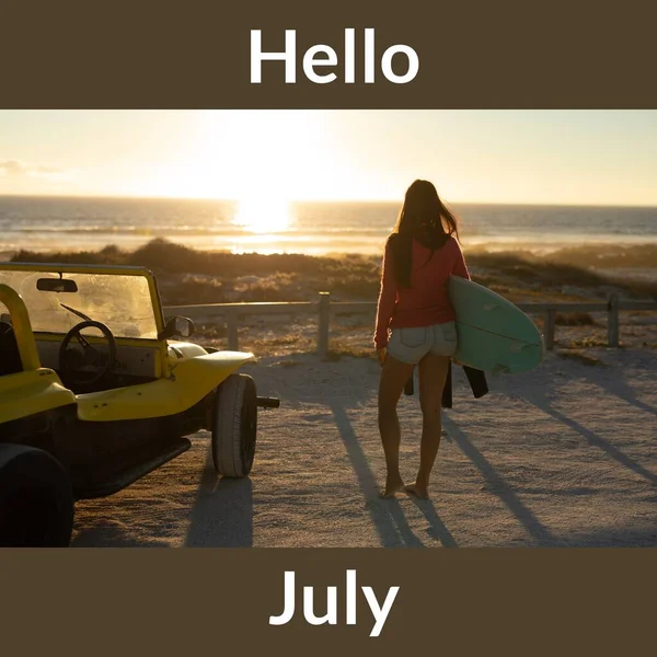 Composition Hello July Text Caucasian Woman Surfboard Car Beach Summer — Stock Photo, Image