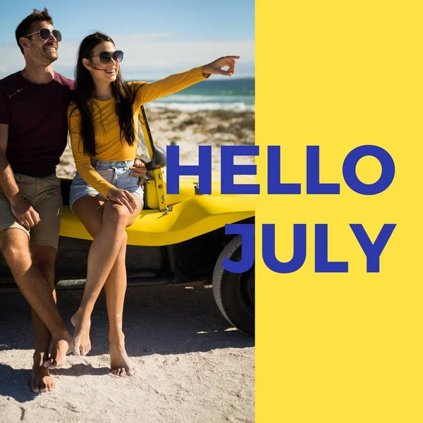 Composition Hello July Text Caucasian Couple Sitting Car Beach Summer — Stock Photo, Image
