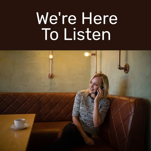 Composite of we're here to listen text and caucasian young woman talking on smartphone in cafes. Samaritans awareness day, support, communication, technology, coffee cup and campaign concept.