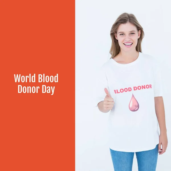 世界献血者日的组成文本对快乐的高加索女人穿着献血者T恤 世界献血日 医药和献血概念数字化生成的图像 — 图库照片