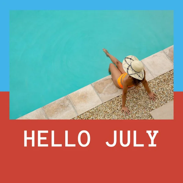 Composition Hello July Text Biracial Woman Bikini Swimming Pool Summer — Stock Photo, Image