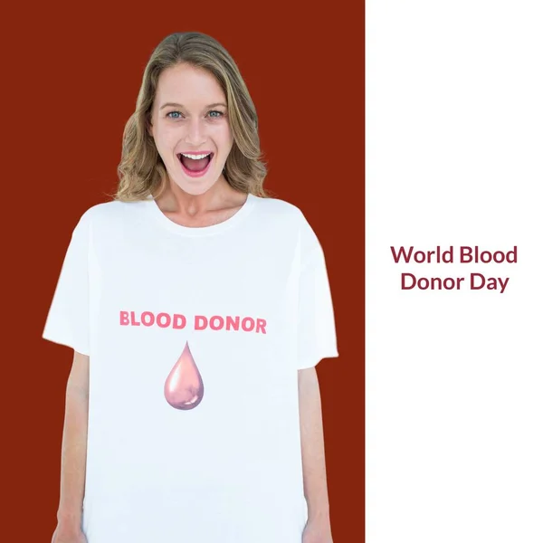 Skład Tekstu Dnia Dawcy Krwi Nad Szczęśliwą Białą Kobietą Koszuli — Zdjęcie stockowe