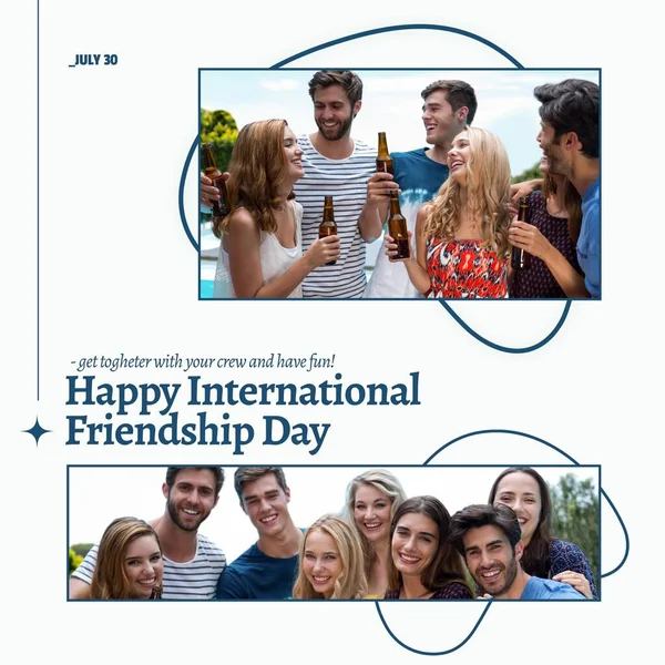 친구들 맥주를 나누는 국제적 우정의 텍스트 우정의 우정의 디지털로 이미지를 — 스톡 사진