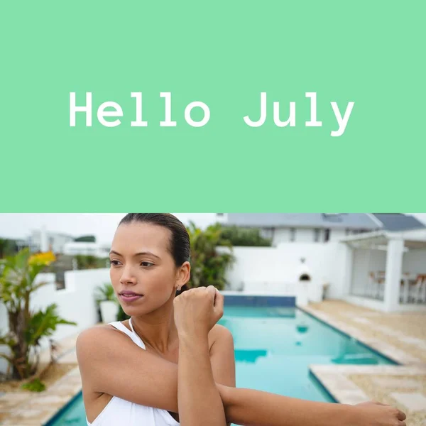 Composition Hello July Text Biracial Woman Exercising Swimming Pool Summer — Stock Photo, Image