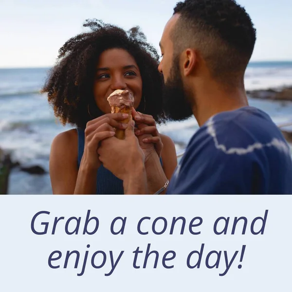 Composition Grab Cone Enjoy Day Text African American Couple Eating — Stock Photo, Image