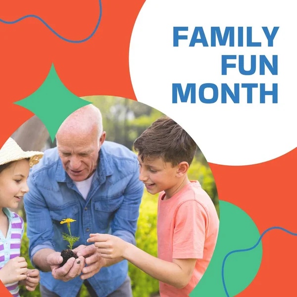 Family Fun Month Text Happy Caucasian Grandfather Showing Plant Grandchildren — Stock Photo, Image
