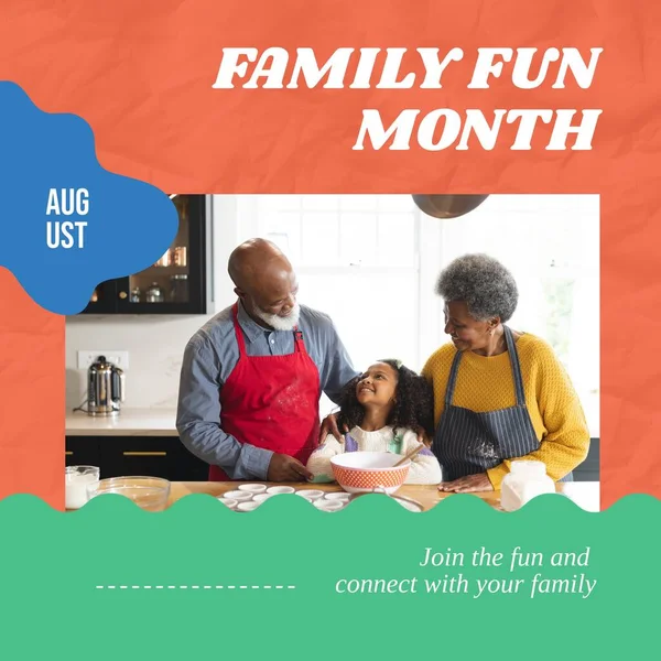 Family Fun Month Text Happy African American Grandparents Granddaughter Cooking — Stock Photo, Image