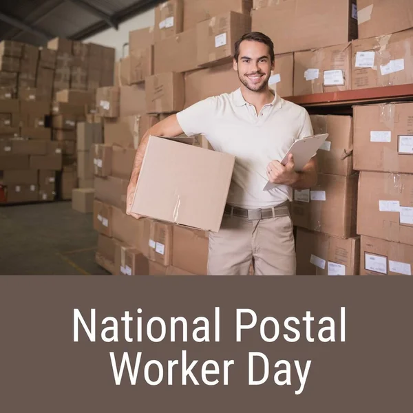 stock image Composition of national postal worker day text over happy caucasian delivery man with box. National postal worker day, shipping, delivering and postal services concept digitally generated image.