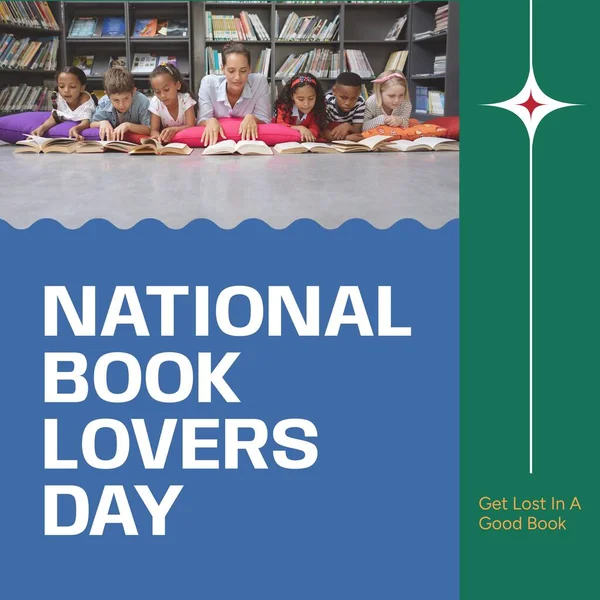 Nationale Boekenliefhebbers Dagtekst Met Diverse Vrouwelijke Leraar Leerlingen Liggend Bibliotheek — Stockfoto