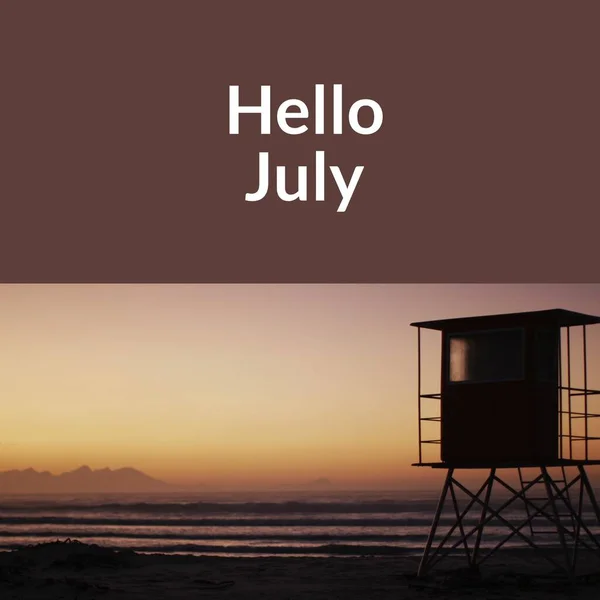Composition Hello July Text Lifeguard Tower Sunset Beach Summer July — Stock Photo, Image