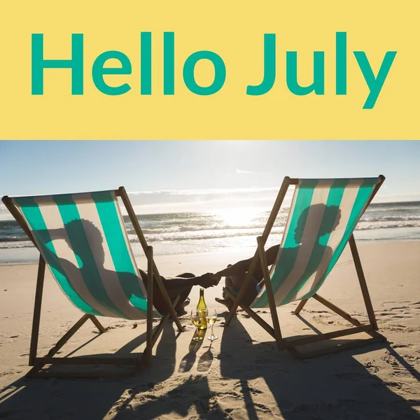 Composition Hello July Text African American Couple Holding Hands Deckchairs — Stock Photo, Image