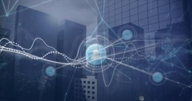 Bulutlu gökyüzüne karşı bağlı simgelerin ve modern binaların üzerindeki grafiklerin animasyonu. Dijital bileşik, çoklu pozlama, rapor, iş, iletişim, mimari kavram.