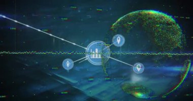Grafik animasyonu, soyut arkaplan karşısında küre oluşturan noktaların üzerindeki bağlı simgeler. Dijital olarak üretilmiş, hologram, illüstrasyon, iletişim, küreselleşme, rapor ve iş kavramı.