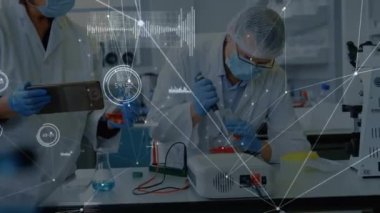 Bağlı simgelerin animasyonu, laboratuvarda çalışan çeşitli bilim adamları üzerinde grafik simgeleri. Dijital bileşik, çoklu pozlama, iletişim, rapor, iş ve sağlık konsepti.