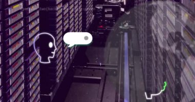 Bilgisayar sunucu odasında ai chat ve yerkürenin animasyonu. Dijital olarak oluşturulmuş küresel yapay zeka, dijital arayüz, iletişim, bilgisayar ve veri işleme kavramı.