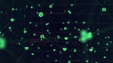 Tıbbi simgelerin ve istatistiksel veri işleme ağının siyah arkaplanla animasyonu. Bilgisayar arayüzü ve iş veri teknolojisi kavramı