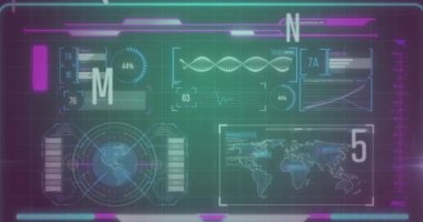 Soyut arkaplan ile aydınlatılmış hud arayüzü üzerinden harfleri ve numaraları değiştirmenin animasyonu. Dijital olarak üretilmiş, hologram, illüstrasyon, büyüme, küreselleşme, rapor, molekül, teknoloji.