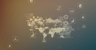 Grafik üzerinde simgelerin canlandırılması ve bilgisayar diline karşı haritada bağlı simgeler. Dijital olarak üretilen hologram, illüstrasyon, rapor, iş dünyası, iletişim ve küresel konsept.