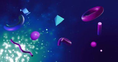 Karanlık ve göz kırpan arka planda soyut üç boyutlu şekillerin canlandırılması. İletişim, veri işleme, yaratıcılık ve dijital arayüz arka plan kavramı dijital olarak oluşturuldu.