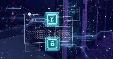 Anahtar ve asma kilidin animasyonu, sunucu odasına bağlı noktalar üzerinden numaraları değiştirmek. Dijital bileşik, çoklu pozlama, iletişim, koruma, teknoloji ve ağ sunucu kavramı.