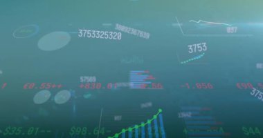 Ticaret panosu, grafikler, mavi arka planda daireler yükleme numaralarını değiştirme animasyonu. Dijital olarak üretilen hologram, illüstrasyon, rapor, iş dünyası, büyüme, ilerleme ve borsa kavramı.