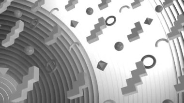 Gri dairesel yüzeyde hareket eden soyut üç boyutlu şekillerin animasyonu. İletişim, veri işleme, yaratıcılık ve dijital arayüz arka plan kavramı dijital olarak oluşturuldu.