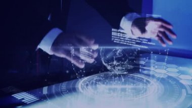 Yerküreyi oluşturan noktaların animasyonu, bilgisayar dili, gelecekteki teknolojiyi kullanan insanın orta kesimi. Dijital bileşim, çoklu pozlama, küreselleşme, iletişim ve kodlama kavramı.