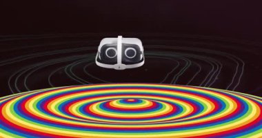 Siyah arkaplan üzerinde vr kulaklık ve renkli dairesel yüzey animasyonu. İletişim, teknoloji ve dijital arayüz kavramı, dijital olarak oluşturulmuş video.