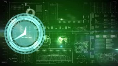 Yeşil arkaplana karşı veri işleme arayüzü üzerinde neon tik saat simgesinin animasyonu. Bilgisayar arayüzü ve iş teknolojisi kavramı