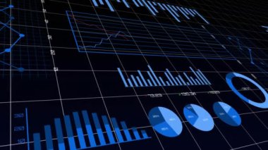 Siyah arkaplana karşı ızgara ağı üzerinden istatistiksel veri işleme animasyonu. İş veri teknolojisi kavramı