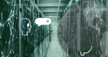 Bilgisayar sunucu odasında ai chat ve ağ animasyonları. Küresel yapay zeka, dijital arayüz, bağlantılar, hesaplama ve veri işleme kavramı dijital olarak oluşturulmuş video.