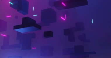 3 boyutlu küp ve mor arkaplan animasyonu. İletişim, veri işleme, yaratıcılık ve dijital arayüz arka plan kavramı dijital olarak oluşturuldu.