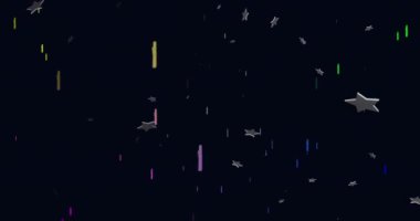 Siyah arkaplan üzerinde renkli yıldızların canlandırılması. İletişim, veri işleme, yaratıcılık ve dijital arayüz arka plan kavramı dijital olarak oluşturuldu.