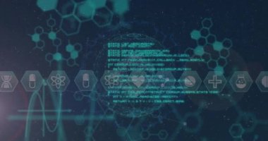 Bilgisayar dilinin üzerine altıgen şeklinde simge ve soyut arkaplanda küre oluşturan noktaların animasyonu. Dijital olarak üretilmiş, hologram, illüstrasyon, iletişim, küreselleşme, kodlama ve teknoloji.