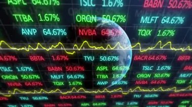 Borsa veri işleme animasyonunun mavi arka planda bir dünya üzerinde gerçekleşmesi. Küresel ekonomi ve iş teknolojisi kavramı