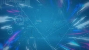 Mavi arkaplana karşı bağlantılar ağı, veri işleme ve dijital dalgaların animasyonu. Küresel ağ ve iş teknolojisi kavramı