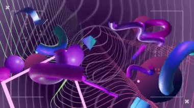 Mor arkaplan üzerinde soyut üç boyutlu şekillerin animasyonu. İletişim, veri işleme, yaratıcılık ve dijital arayüz arka plan kavramı dijital olarak oluşturuldu.