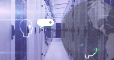 Bilgisayar sunucu odasında ai chat ve yerkürenin animasyonu. Dijital olarak oluşturulmuş küresel yapay zeka, dijital arayüz, iletişim, bilgisayar ve veri işleme kavramı.