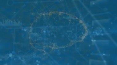 Mavi arka planda dönen insan beyni ikonu üzerindeki bağlantı ağının animasyonu. Tıbbi araştırma ve bilim teknolojisi kavramı