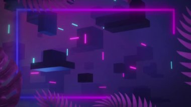 Yaprakları ve mor arkaplanı olan 3D küplerin animasyonu. İletişim, veri işleme, yaratıcılık ve dijital arayüz arka plan kavramı dijital olarak oluşturuldu.