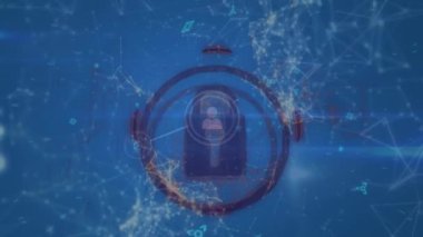 Güvenlik asma kilit simgesi animasyonu, mavi arkaplan üzerinde profil simgeleri ağı. Siber güvenlik ve iş teknolojisi kavramı