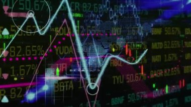 Finansal ve borsa veri işleme animasyonunun dünya haritasında kara arka planla karşılaştırılması. Küresel ekonomi ve iş teknolojisi kavramı