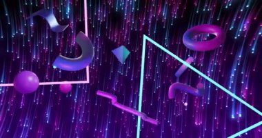 Karanlık ve göz kırpan arka planda soyut üç boyutlu şekillerin canlandırılması. İletişim, veri işleme, yaratıcılık ve dijital arayüz arka plan kavramı dijital olarak oluşturuldu.