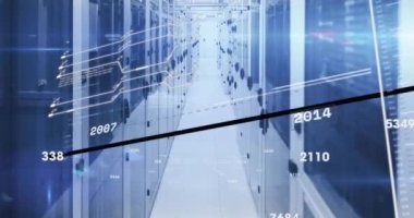 Animation of interface with data processing against computer server room. Computer interface and business data storage technology concept