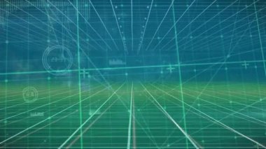 Mavi ve yeşil gradyan arkaplan üzerinden bağlantı ağının animasyonu. Küresel ağ ve iş teknolojisi kavramı