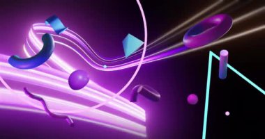 Siyah arkaplan üzerinde soyut üç boyutlu şekillerin canlandırılması. İletişim, veri işleme, yaratıcılık ve dijital arayüz arka plan kavramı dijital olarak oluşturuldu.