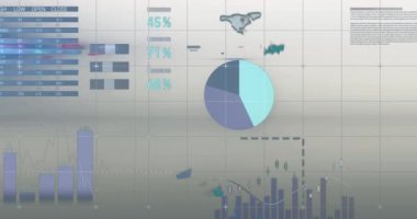 Gri arkaplan ile ızgara üzerindeki bilgi arayüzünün animasyonu. Dijital olarak üretilen hologram, illüstrasyon, rapor, iş dünyası, büyüme, ilerleme ve küresel konsept.