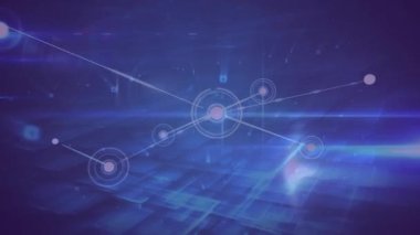 Lens fişeklerinin üzerindeki çizgilerle soyut arkaplanı birleştiren noktaların animasyonu. Dijital olarak üretilmiş, hologram, illüstrasyon, iletişim, aydınlanma ve teknoloji kavramı.